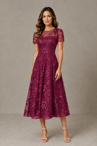 BOLODOO Desert Rose Textured Floral A-Line Dress with Short Sleeves - Desert Rose - Desert Rose_01