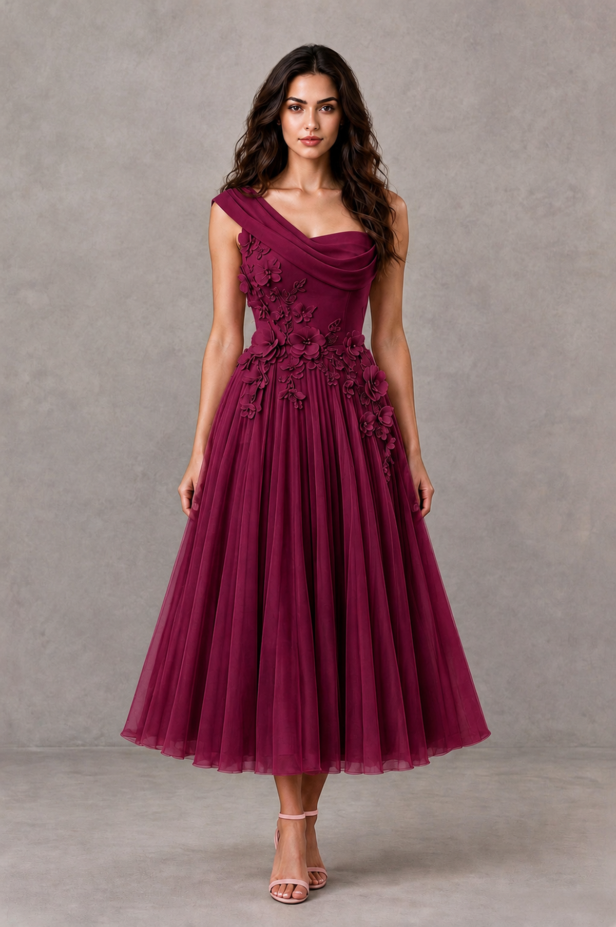 BOLODOO Desert Rose One-Shoulder Floral Tulle Tea-Length Dress - Desert Rose - Desert Rose_01