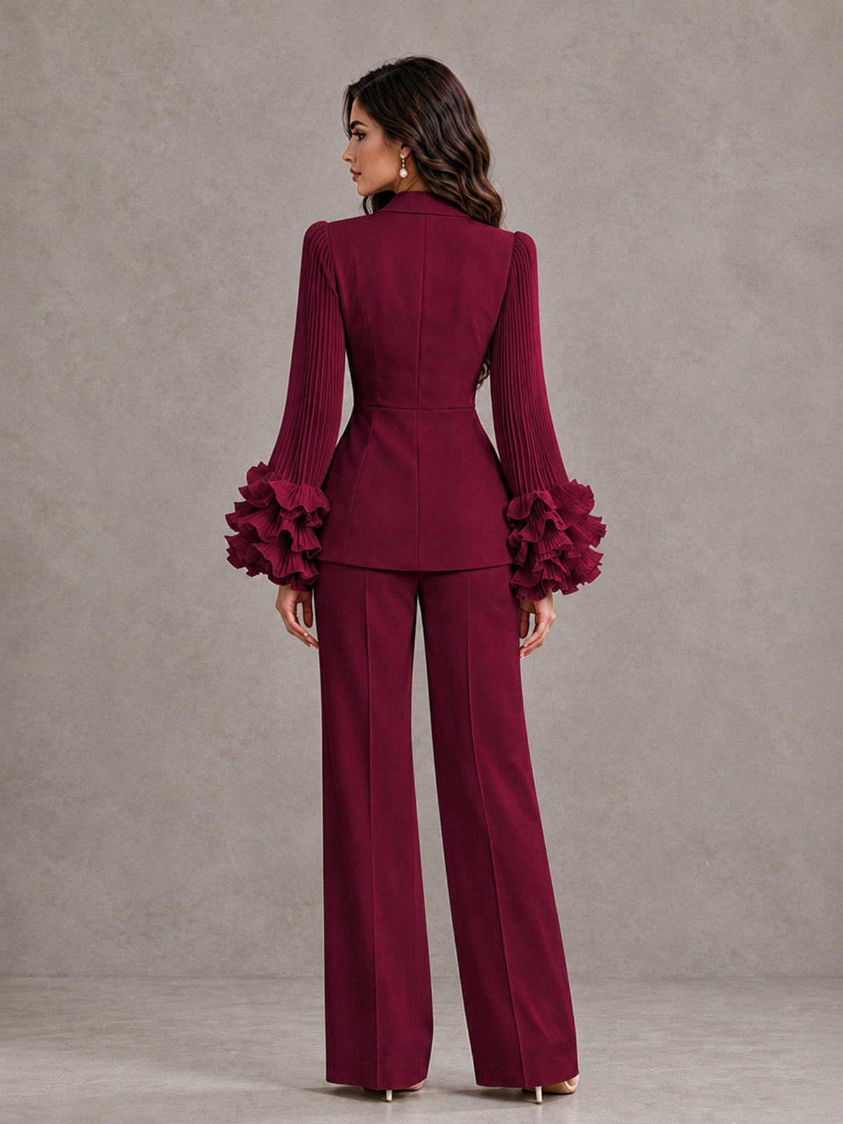 BOLODOO Desert Rose Mother of the Bride Pant Suit – Pleated Long Sleeve Ruffle Cuff Wide Leg Trouser Suit - Desert Rose - Desert Rose_02