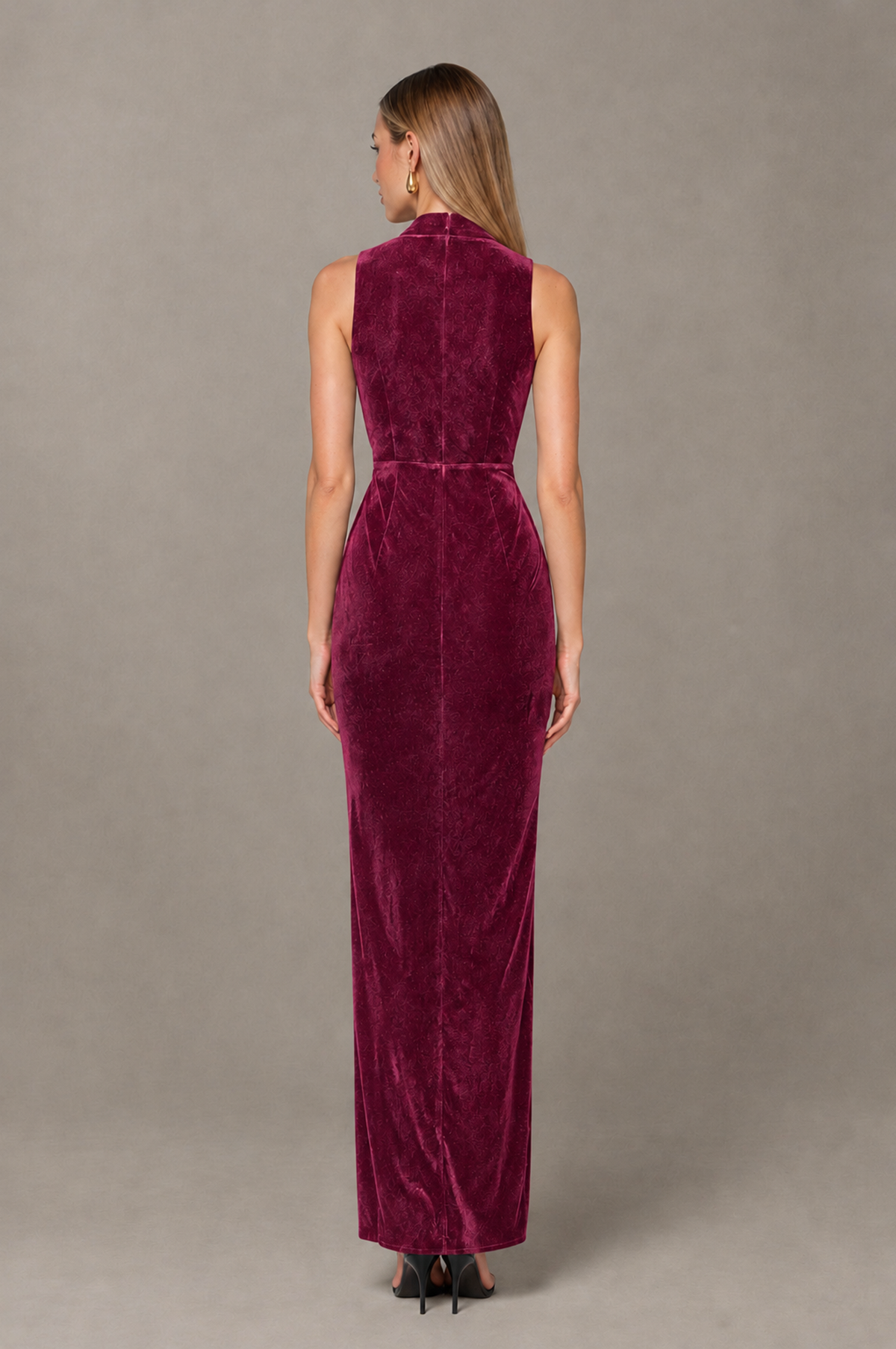 BOLODOO Desert Rose Velvet-Look Sleeveless V-Neck Ruched Slit Maxi Dress - Desert Rose - Desert Rose_02