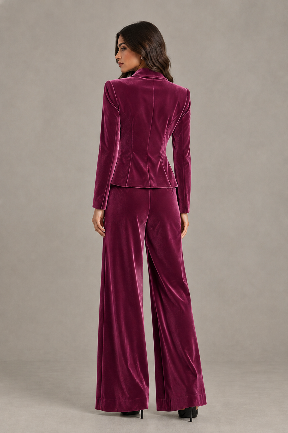 BOLODOO Desert Rose Velvet Two-Piece Pantsuit with Long Sleeve Blazer & Wide-Leg Trousers - Desert Rose - Desert Rose_02
