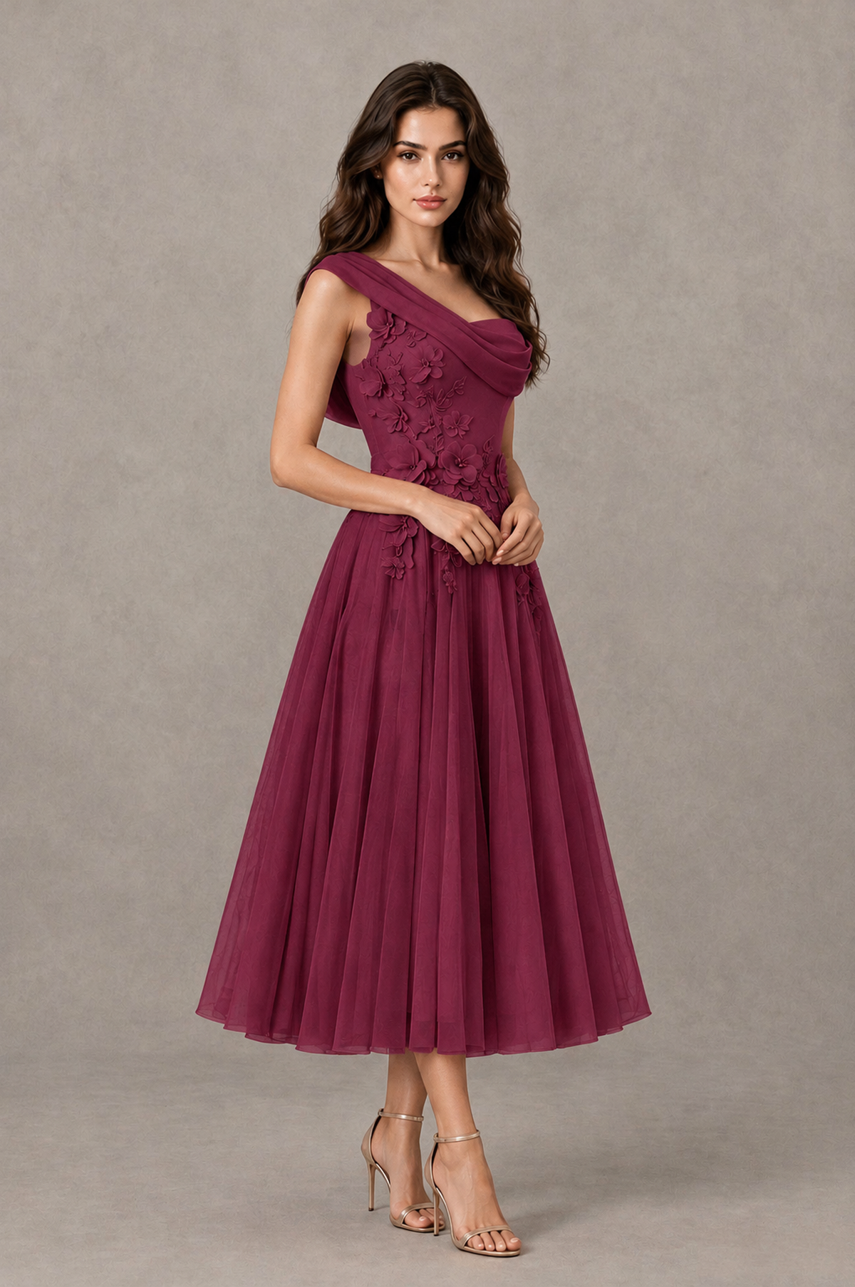 BOLODOO Desert Rose One-Shoulder Floral Tulle Tea-Length Dress - Desert Rose - Desert Rose_03