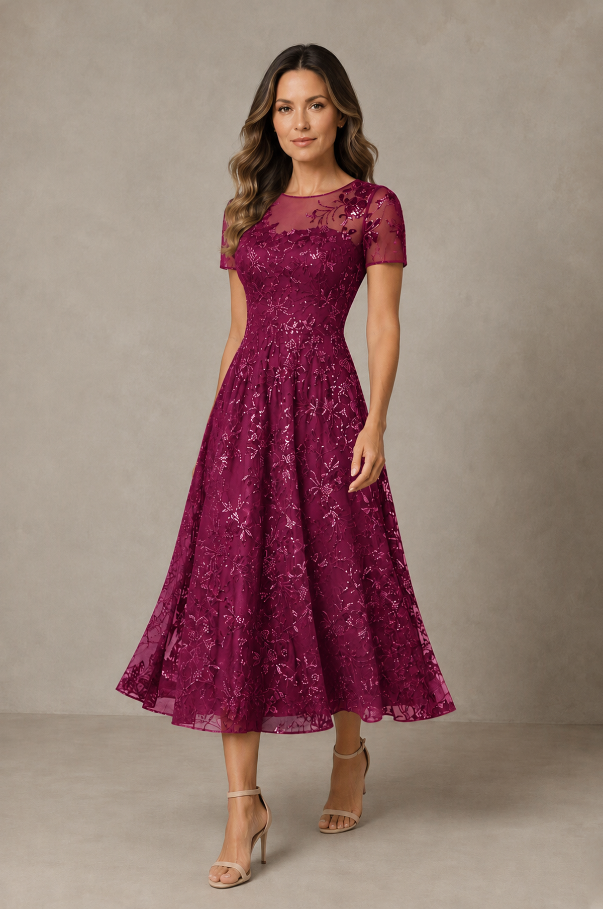 BOLODOO Desert Rose Textured Floral A-Line Dress with Short Sleeves - Desert Rose - Desert Rose_03