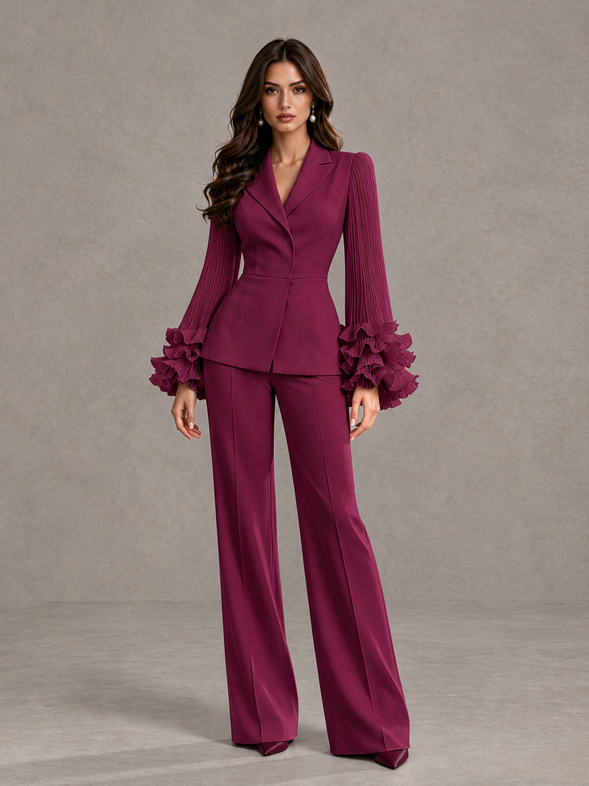 BOLODOO Desert Rose Mother of the Bride Pant Suit – Pleated Long Sleeve Ruffle Cuff Wide Leg Trouser Suit - Desert Rose - Desert Rose_03