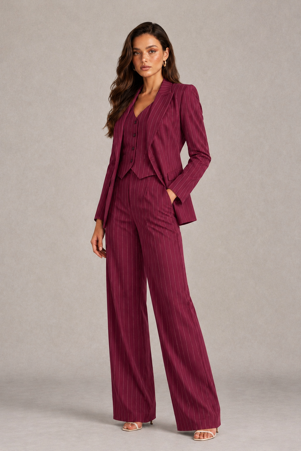 BOLODOO Women's Desert Rose Pinstripe Three-Piece Pantsuit with Wide-Leg Trousers - Desert Rose - Desert Rose_03