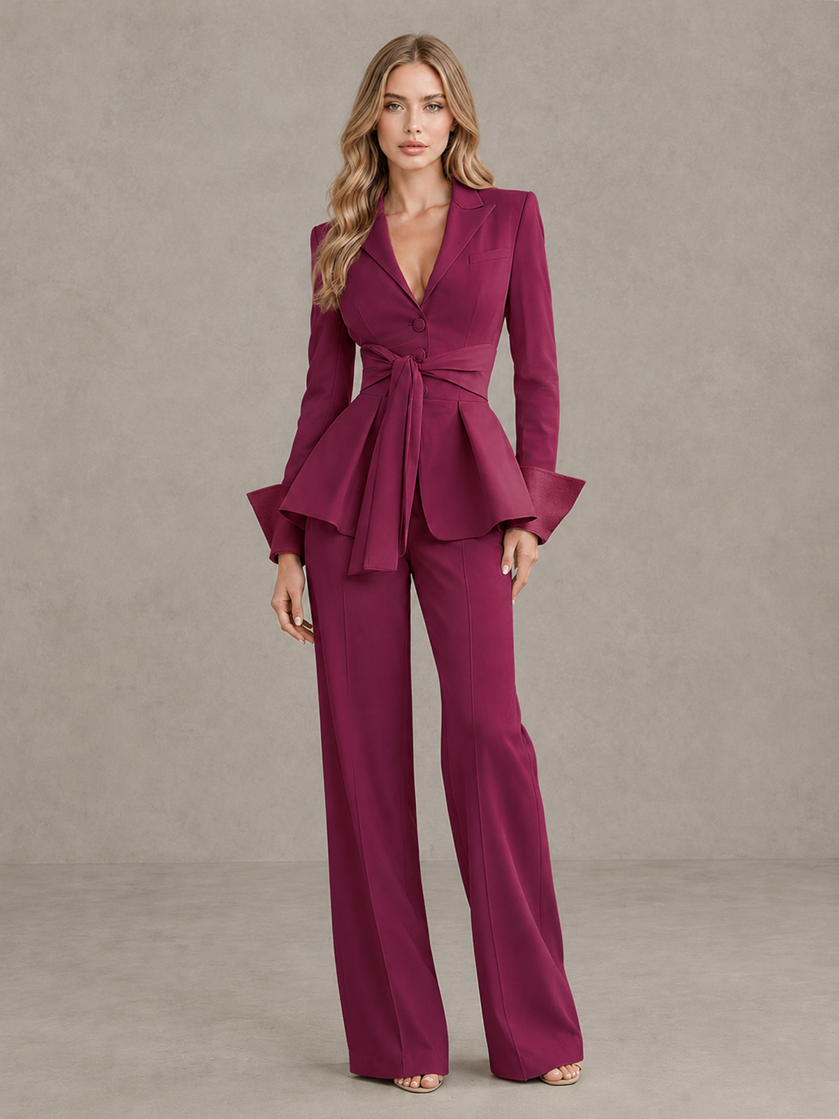 BOLODOO Desert Rose Belted Peplum Pantsuit with Long Sleeves & Wide-Leg Trousers - Desert Rose - Desert Rose_03