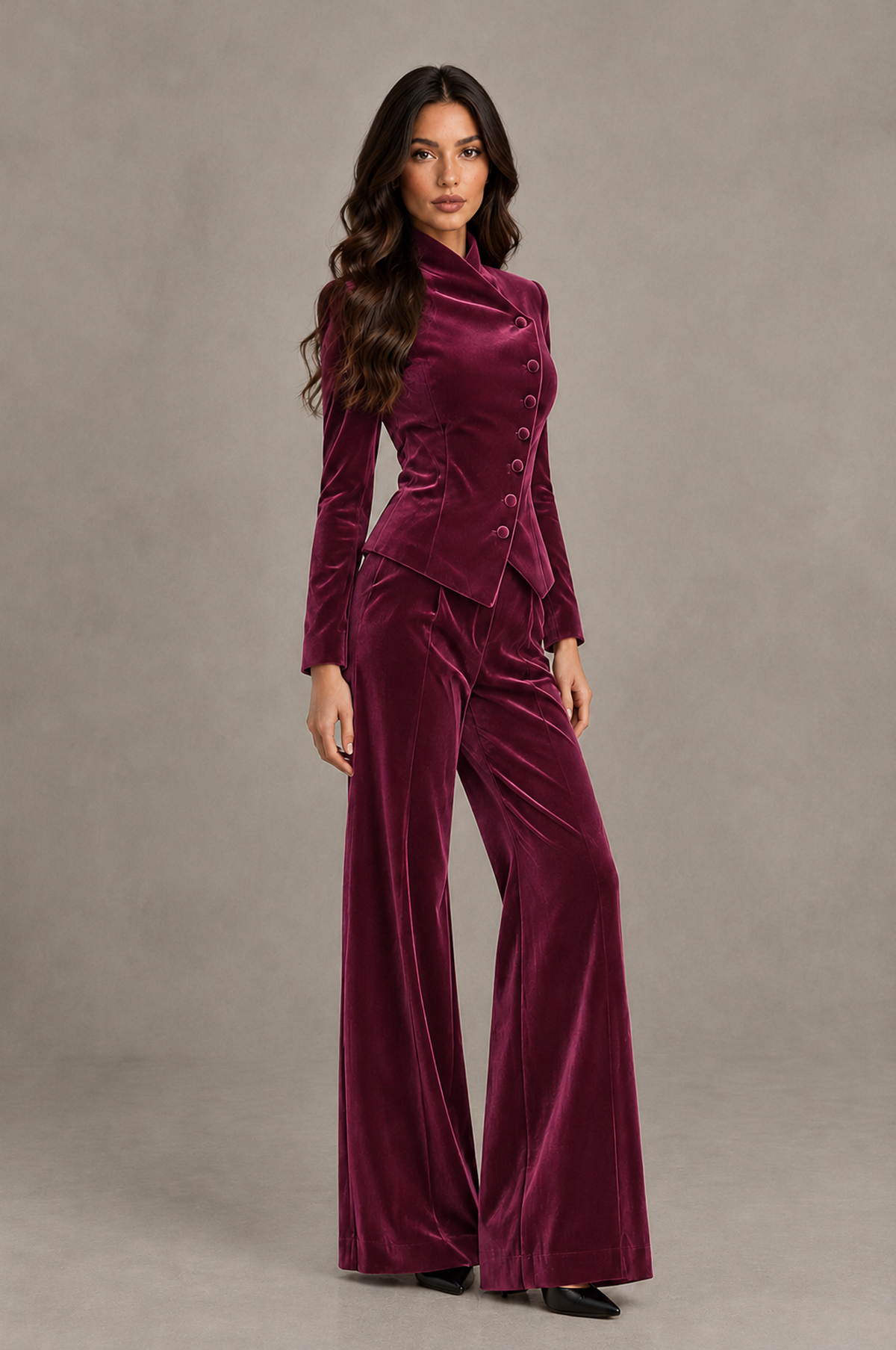 BOLODOO Desert Rose Velvet Two-Piece Pantsuit with Long Sleeve Blazer & Wide-Leg Trousers - Desert Rose - Desert Rose_03