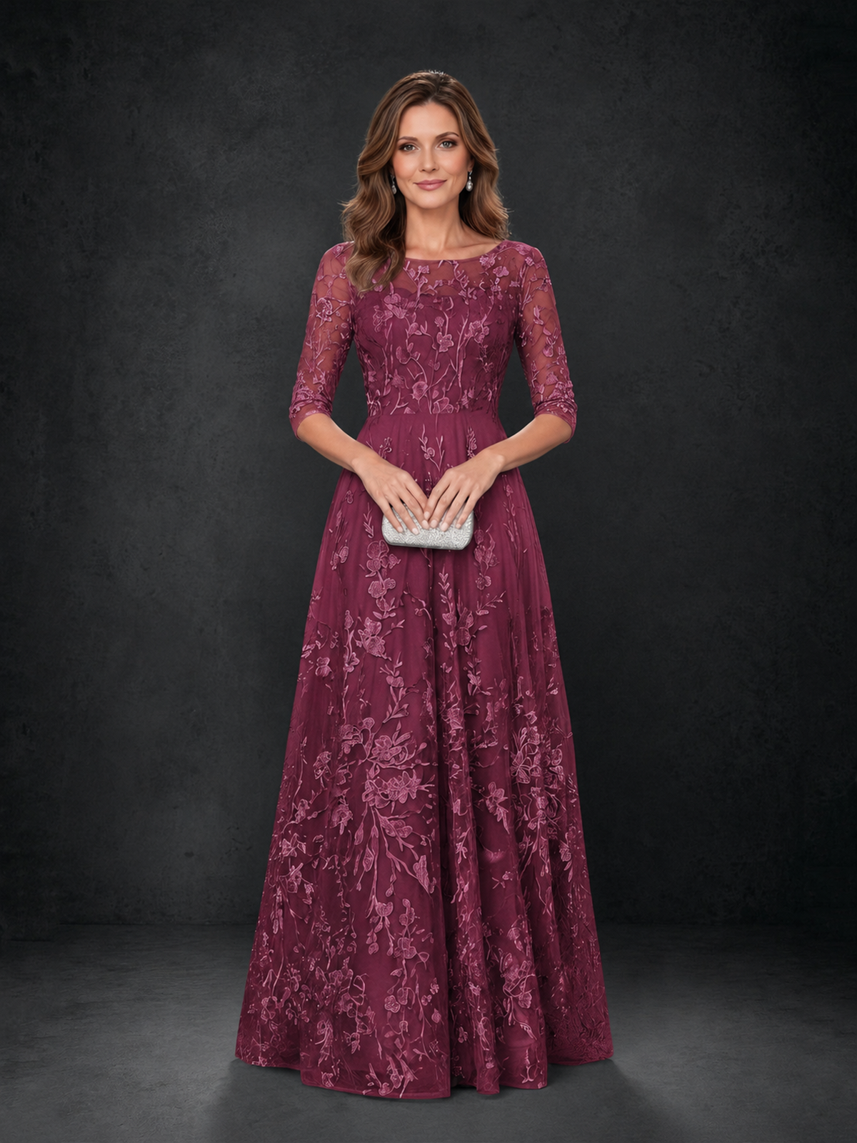 BOLODOO Desert Rose Illusion Bateau Neck 3/4 Sleeve Floral Lace A-Line Mother of the Bride Dress MX007 - Desert Rose - Desert Rose_04