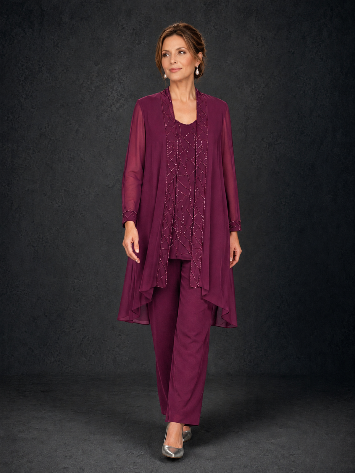 BOLODOO Desert Rose 3-Piece Beaded Chiffon Duster Jacket Pant Suit - Desert Rose - Desert Rose_04