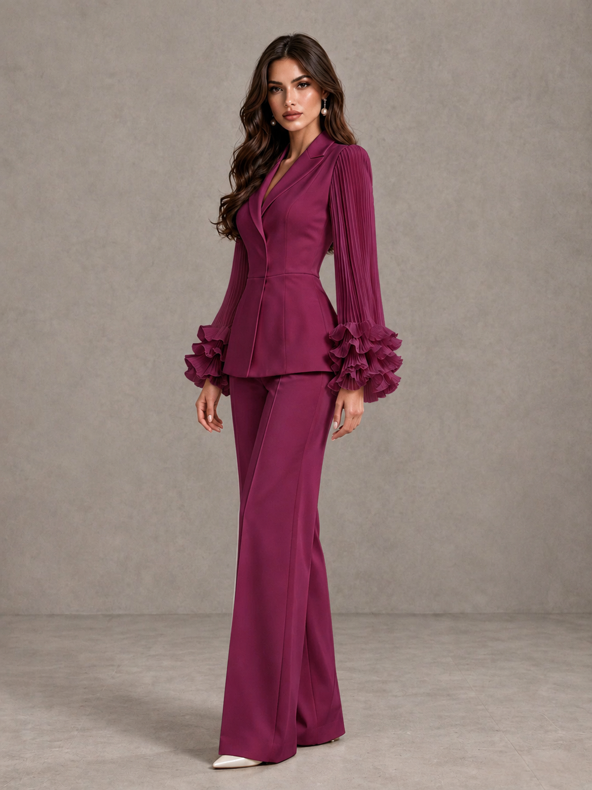 BOLODOO Desert Rose Mother of the Bride Pant Suit – Pleated Long Sleeve Ruffle Cuff Wide Leg Trouser Suit - Desert Rose - Desert Rose_04