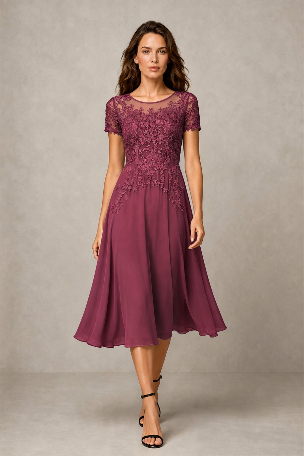 BOLODOO Steel Desert Rose Beaded Lace Illusion Bodice Chiffon Tea-Length Dress | Mother of the Bride & Cocktail Party - Desert Rose