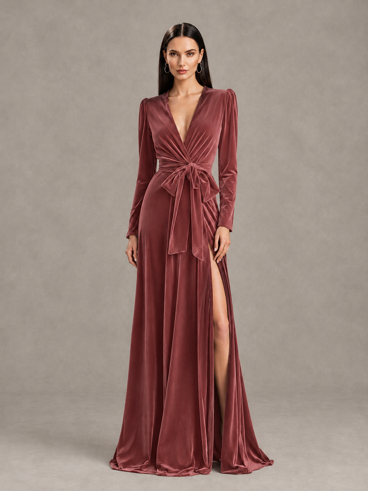 BOLODOO Desert Rose Long Sleeve Velvet-Look Evening Dress with High Slit - Desert Rose - Desert Rose_1