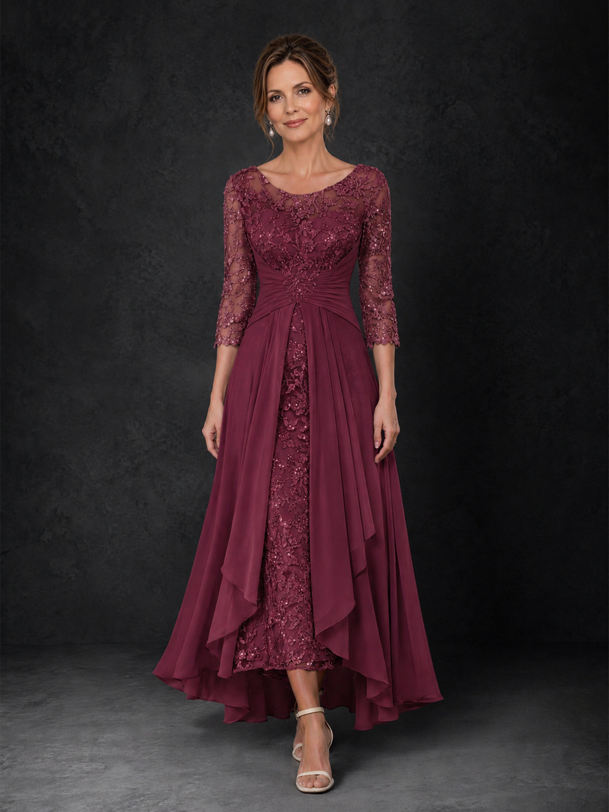 BOLODOO Desert Rose Sequin Lace & Chiffon Tea-Length Mother of the Bride Dress with 3/4 Sleeves - Desert Rose