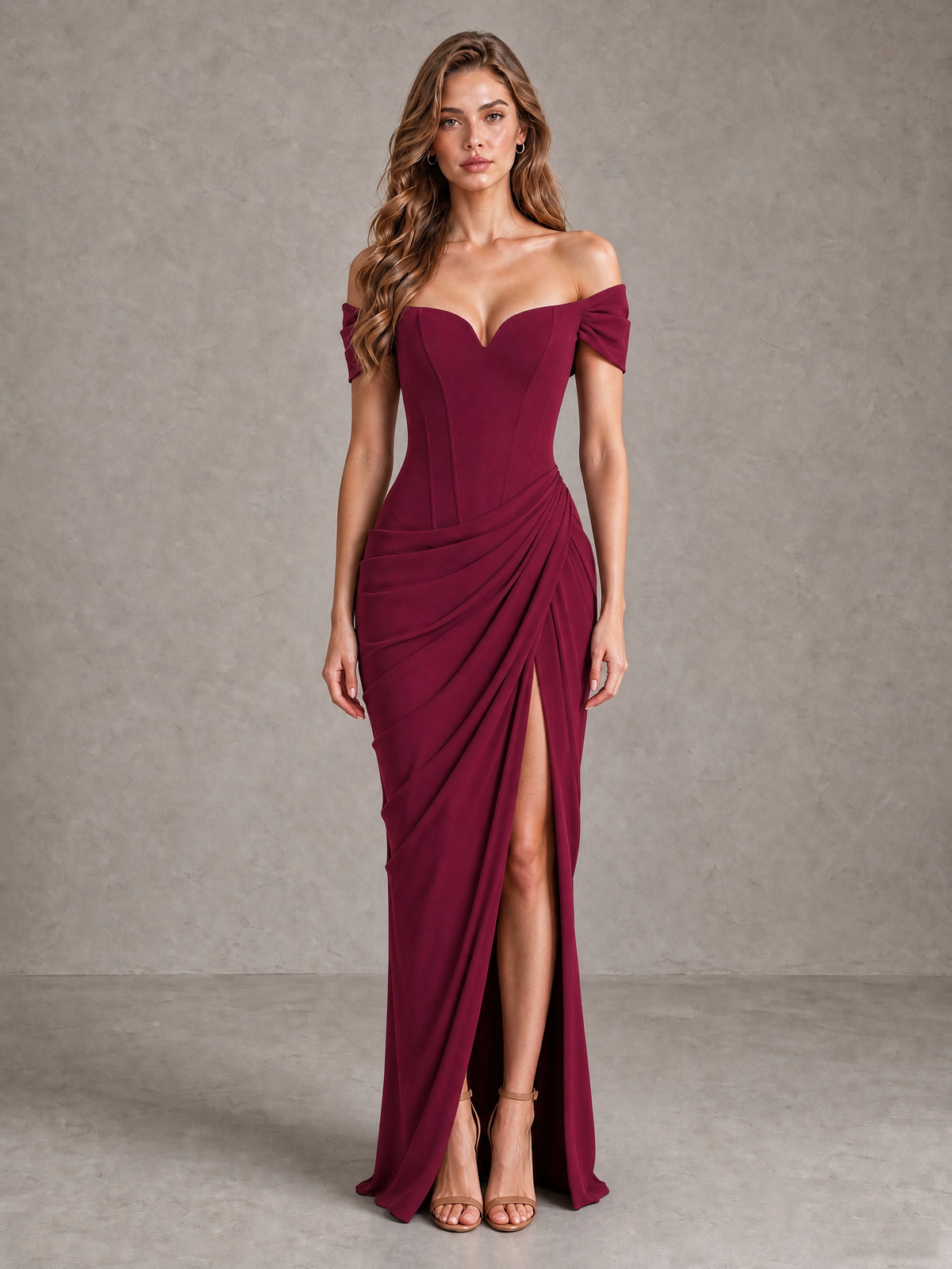 BOLODOO Desert Rose Off-Shoulder Ruched Corset Wedding Guest Dress with Slit - Desert Rose - Desert_Rose_1