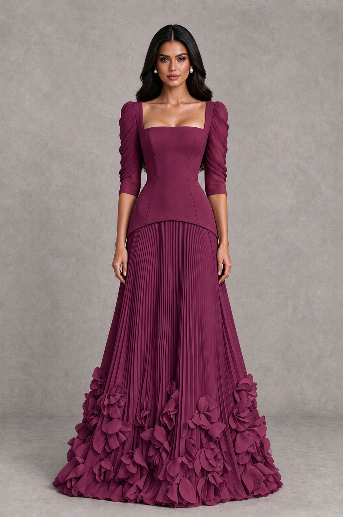 BOLODOO Desert Rose Square Neck Pleated Floral Applique Evening Dress - Desert Rose - Desert Rose_1