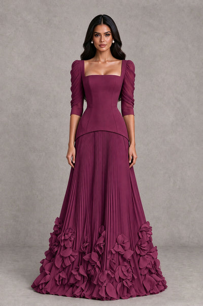 BOLODOO Desert Rose Square Neck Pleated Floral Applique Evening Dress - Desert Rose - Desert Rose_1