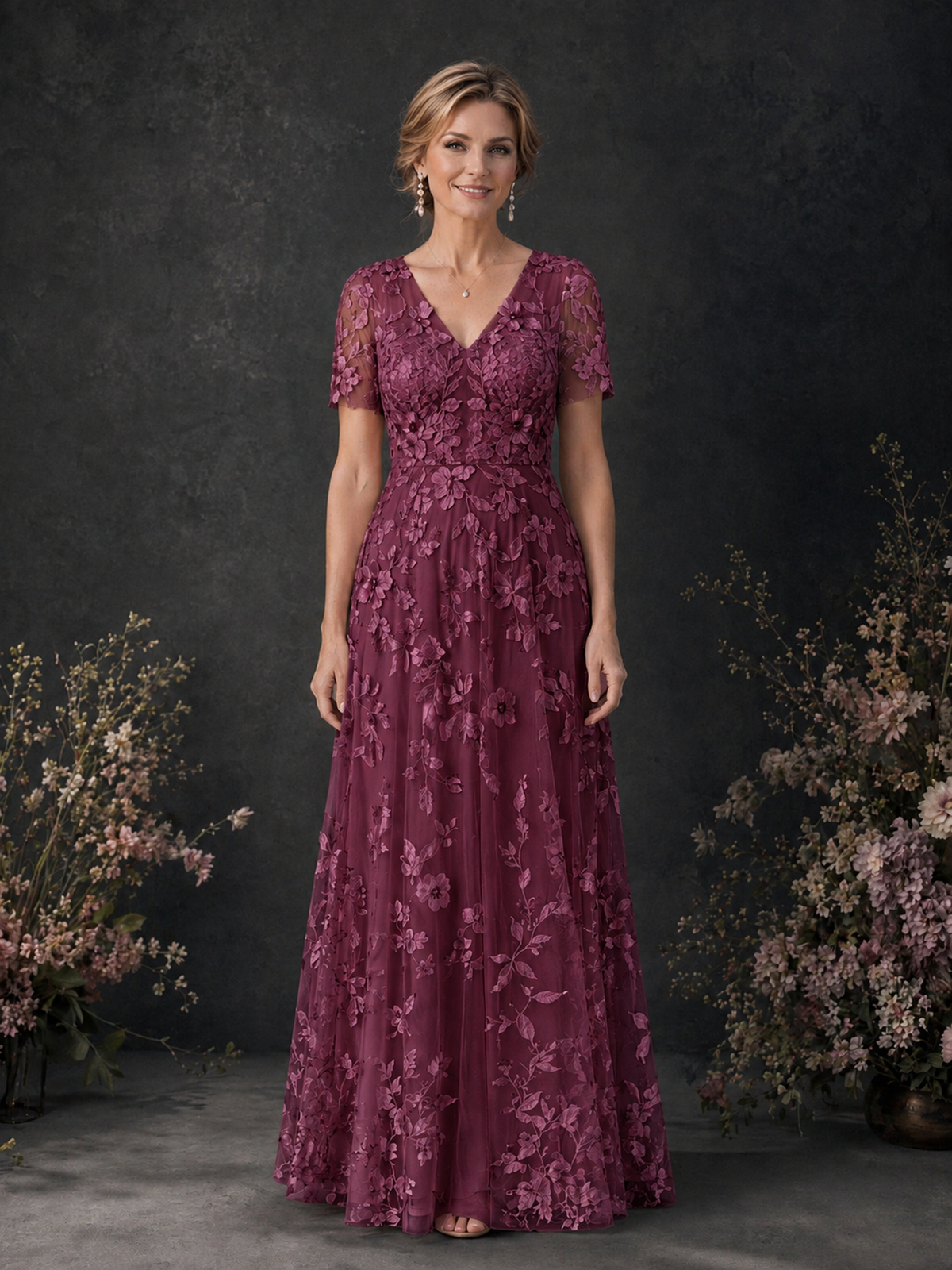BOLODOO Desert Rose 3D Floral Embroidered Lace V-Neck Short Sleeve A-Line Maxi Dress - Desert Rose
