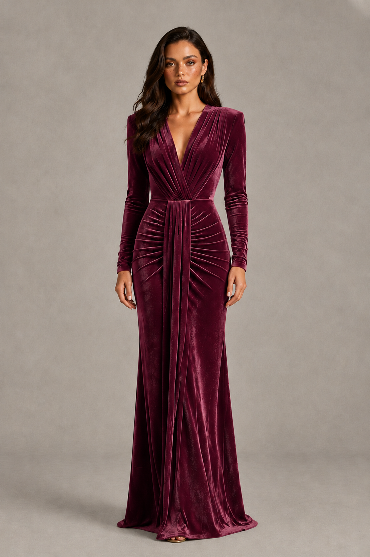 BOLODOO Desert Rose Velvet Long Sleeve V-Neck Ruched Evening Gown - Desert Rose