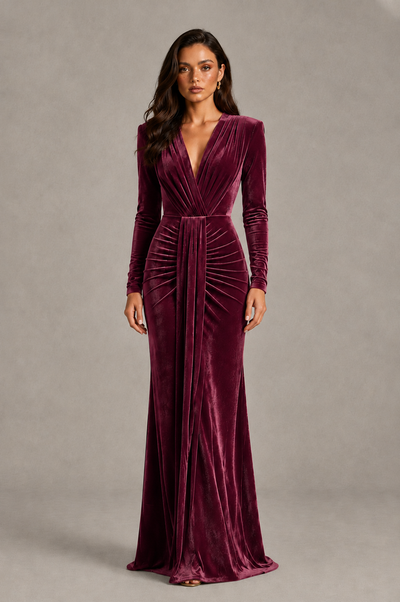 BOLODOO Desert Rose Velvet Long Sleeve V-Neck Ruched Evening Gown - Desert Rose