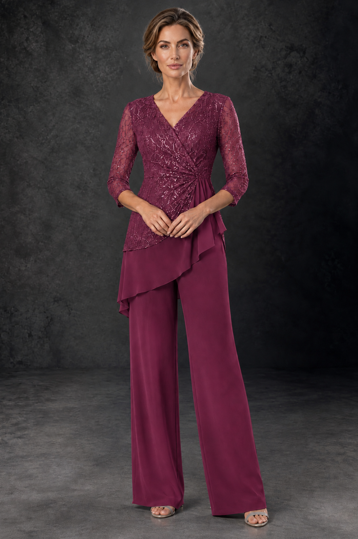BOLODOO Desert Rose Sequin Lace 3/4 Sleeve Chiffon Mother of the Bride Pant Suit - Desert Rose - Desert_Rose_1