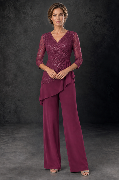 BOLODOO Desert Rose Sequin Lace 3/4 Sleeve Chiffon Mother of the Bride Pant Suit - Desert Rose - Desert_Rose_1