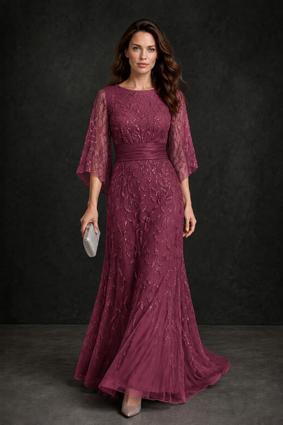 BOLODOO Desert Rose Bateau Neck Bell Sleeve Sequin Embroidered Satin Waist A-Line Maxi Dress - Desert Rose - Desert_Rose_1