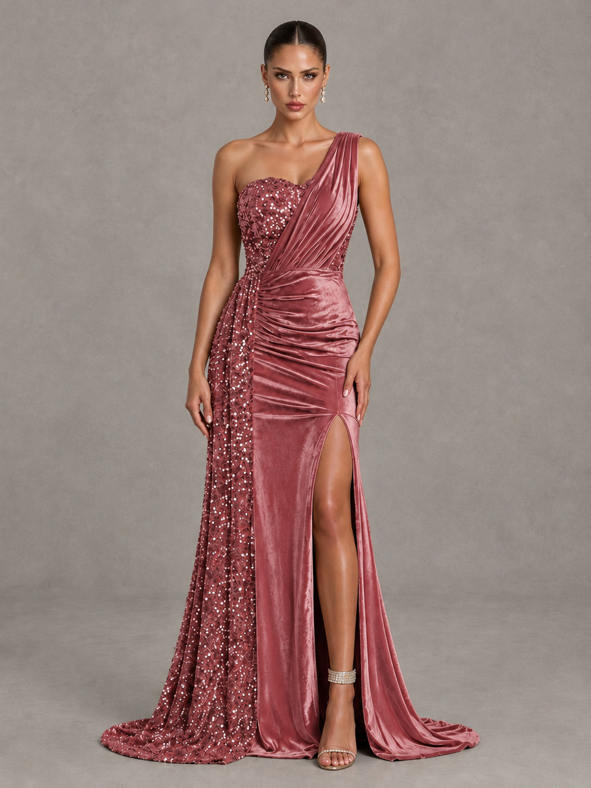 BOLODOO Desert Rose One-Shoulder Satin Sequin Gown with High Slit - Desert Rose - Desert Rose_1
