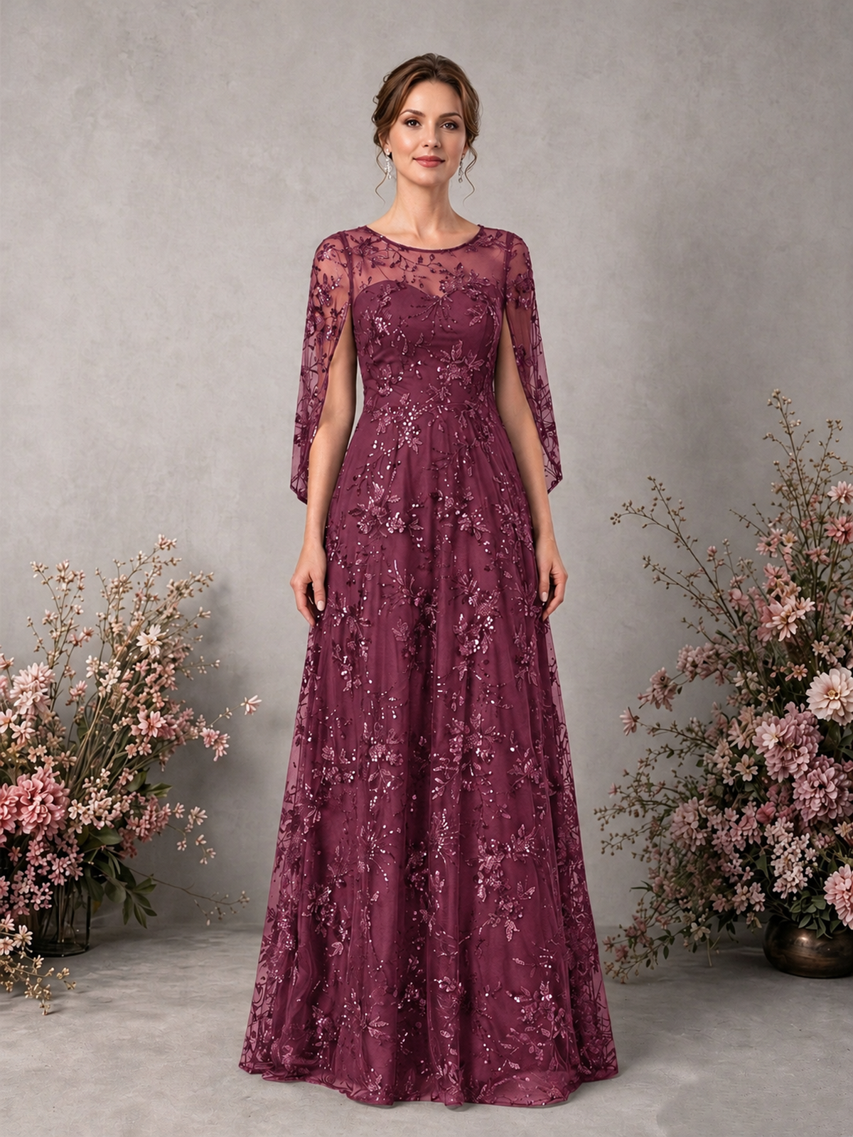 BOLODOO Desert Rose Sequin Lace Cape Sleeve Formal Evening Gown - Desert Rose - Desert Rose_1