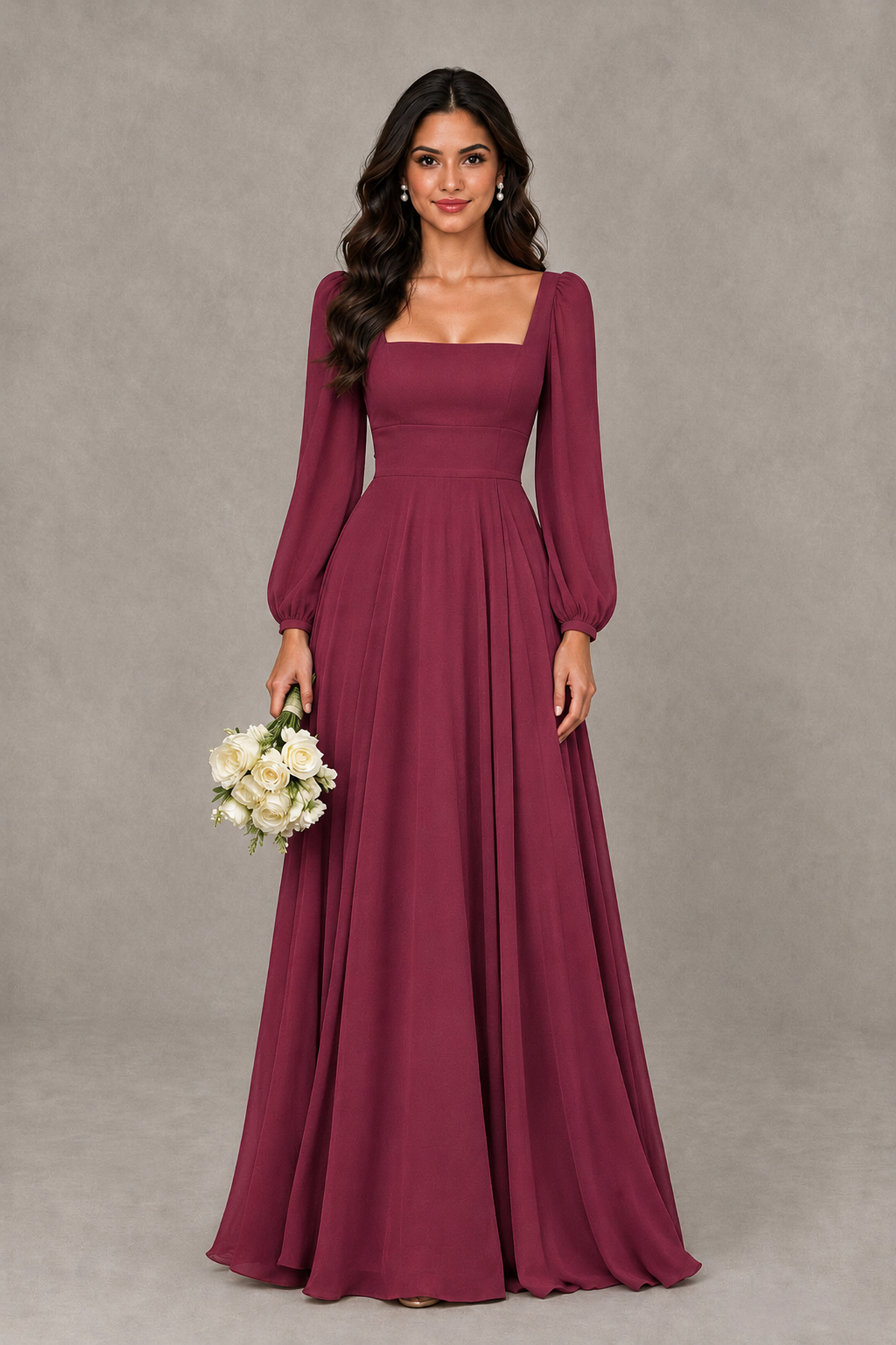 BOLODOO Desert Rose Square Neck Long Sleeve A-Line Bridesmaid Dress - Desert Rose - Desert Rose_1