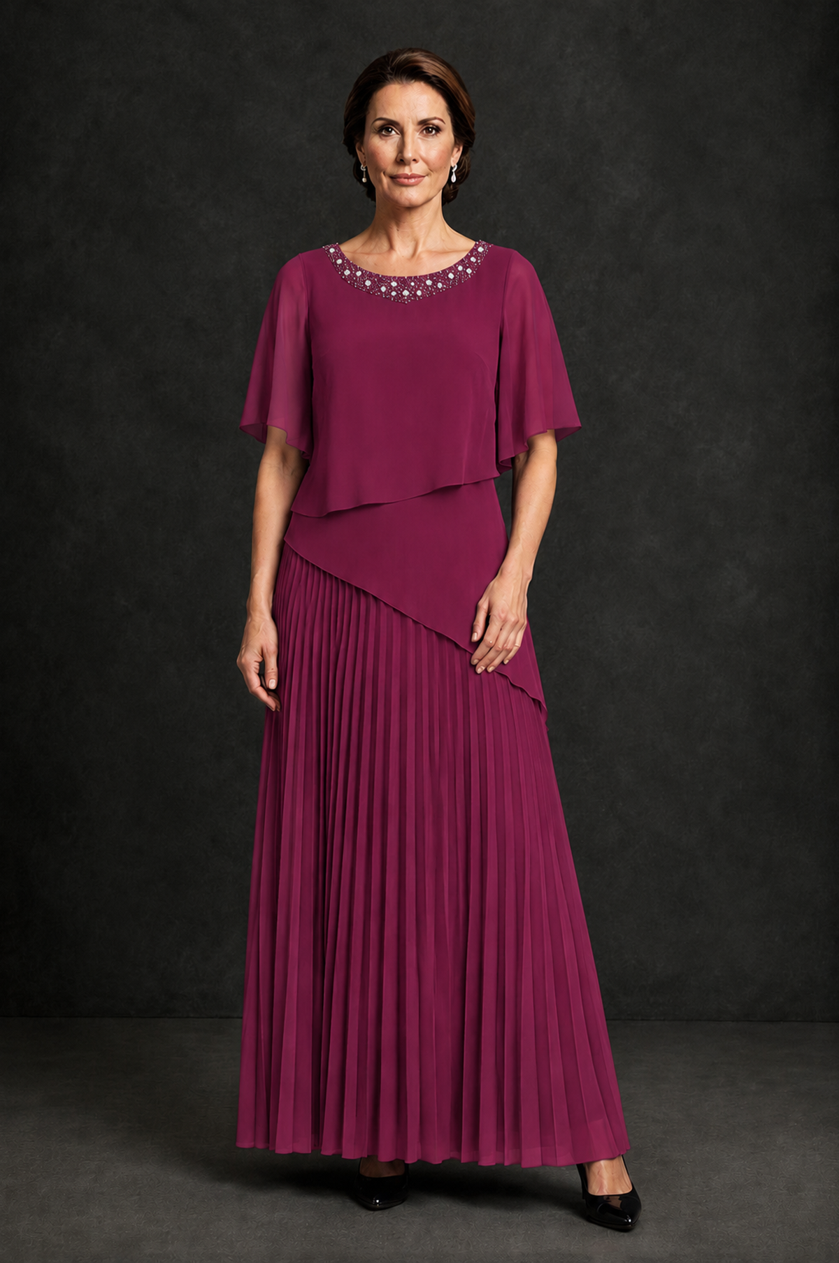 Colmn Graph Overlap BOLODOO Desert Rose Pearl Beaded Flutter Sleeve Pleated Maxi Dress ...