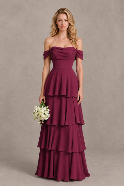 BOLODOO Desert Rose Off-the-Shoulder Tiered A-Line Evening Bridesmaid Dress - Desert Rose - Desert Rose_1