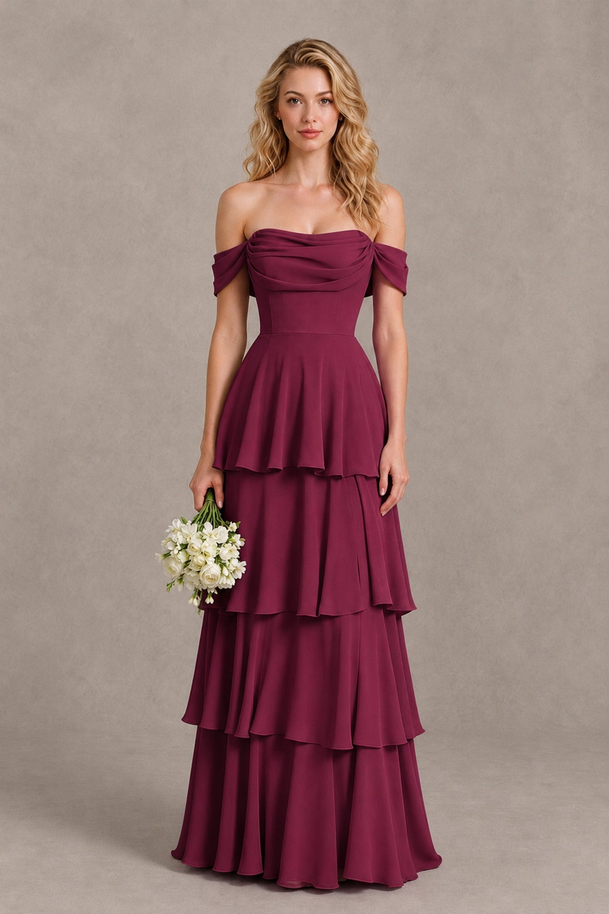 BOLODOO Desert Rose Off-the-Shoulder Tiered A-Line Evening Bridesmaid Dress - Desert Rose - Desert Rose_1