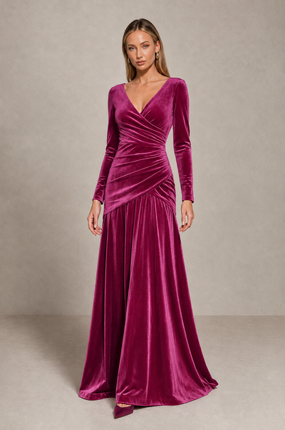 BOLODOO Desert Rose Velvet Long Sleeve V-Neck Ruched Evening Dress - Desert Rose - Desert_Rose_1