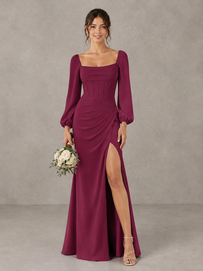 BOLODOO Desert Rose Square Neck Long Sleeve Bridesmaid Dress with High Slit - Desert Rose - Desert Rose_1