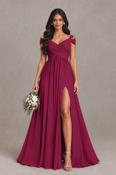 BOLODOO Desert Rose Cold Shoulder Chiffon Evening Dress with V Neck and High Slit - Desert Rose - Desert Rose_1