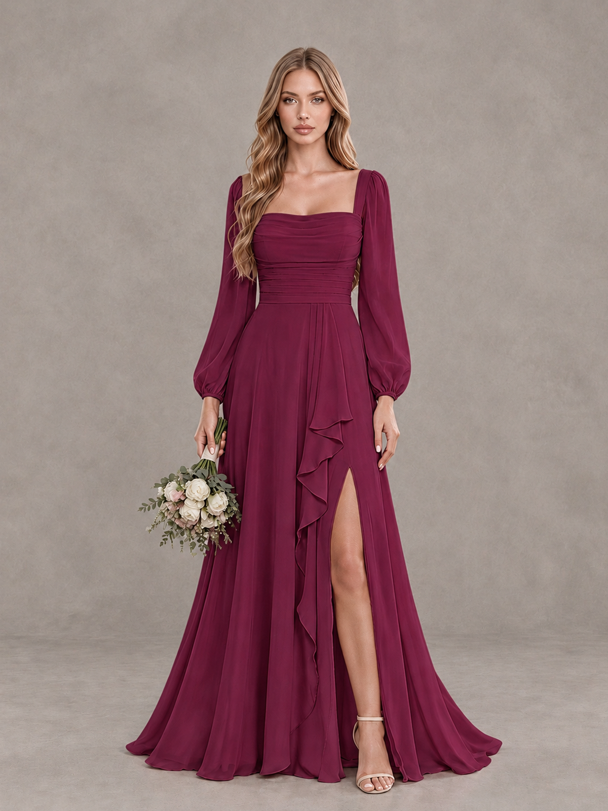BOLODOO Desert Rose Square Neck Long Sleeve Bridesmaid Dress with Ruffle Slit - Desert Rose - Desert Rose_1