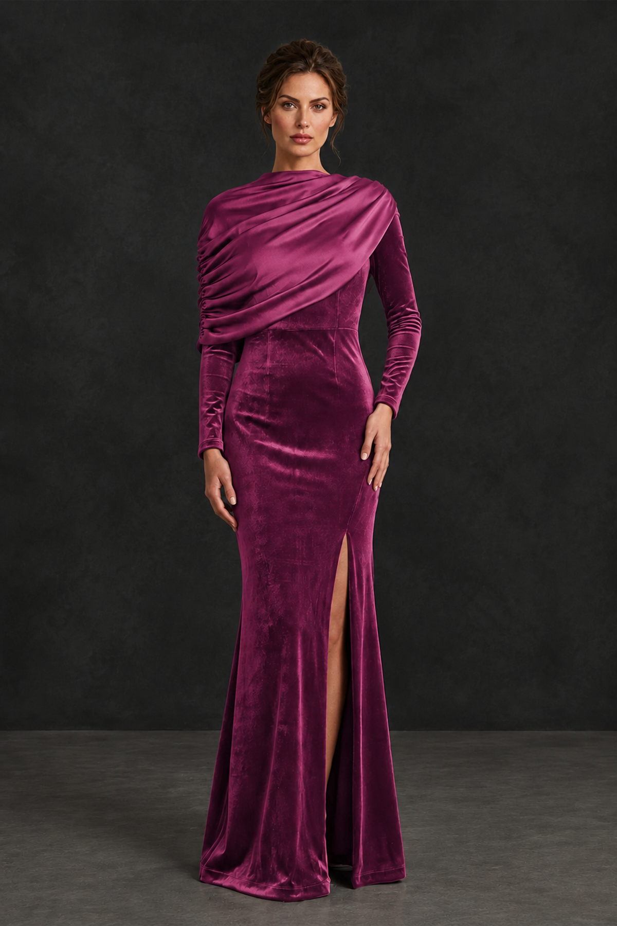 BOLODOO Desert Rose Velvet Long Sleeve Draped Mother of the Bride Dress - Desert Rose - Desert_Rose_1