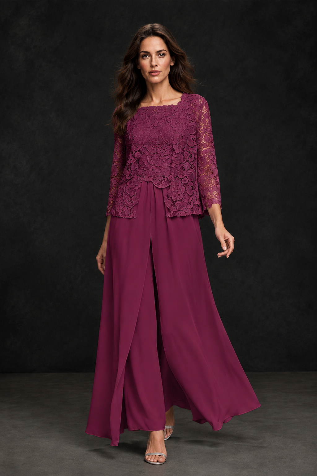 BOLODOO Desert Rose Grey Lace Peplum Top & Wide-Leg Chiffon Pants Set | Mother of the Bride & Formal Evening Outfit - Desert Rose
