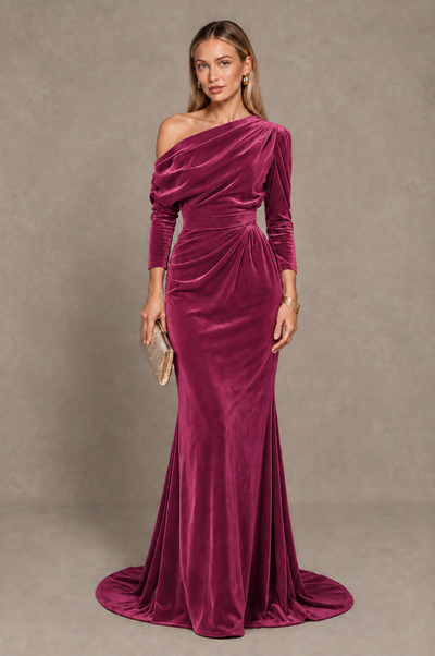 BOLODOO Desert Rose Velvet Asymmetric Neck Mermaid Evening Dress - Desert Rose - Desert_Rose_1