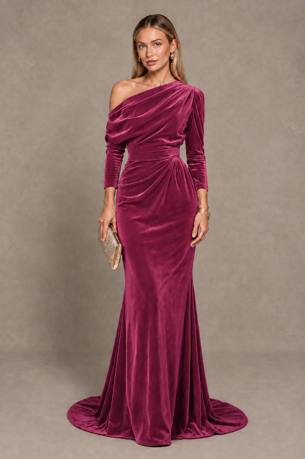 BOLODOO Desert Rose Velvet Asymmetric Neck Mermaid Evening Dress - Desert Rose - Desert_Rose_1