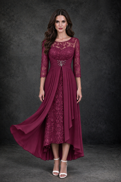 BOLODOO Desert Rose Sequin Lace & Chiffon Tea-Length Mother of the Bride Dress with 3/4 Sleeves - Desert Rose - Desert_Rose_1