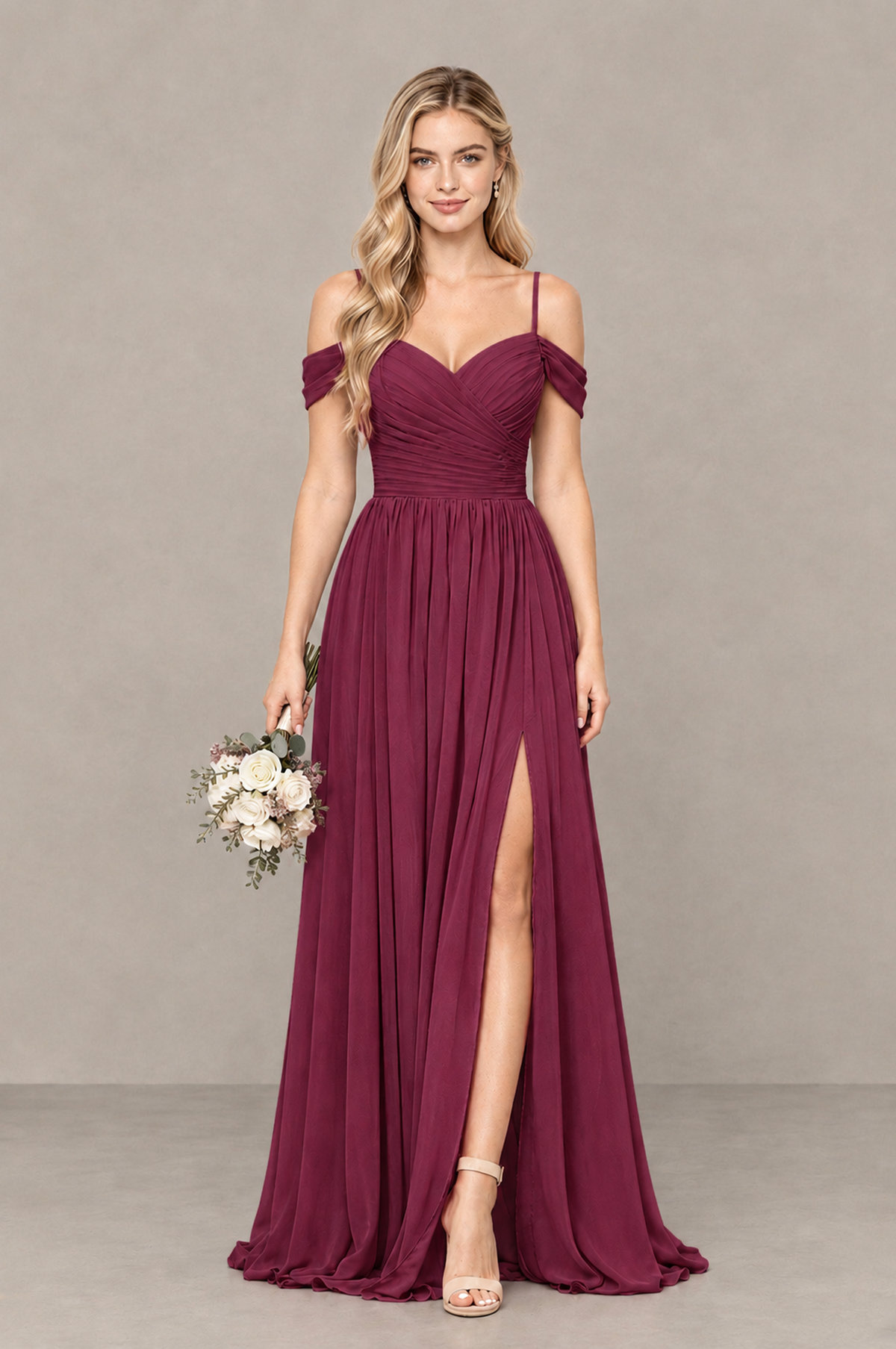 BOLODOO Desert Rose Off-Shoulder Bridesmaid Dress with Slit - Desert Rose