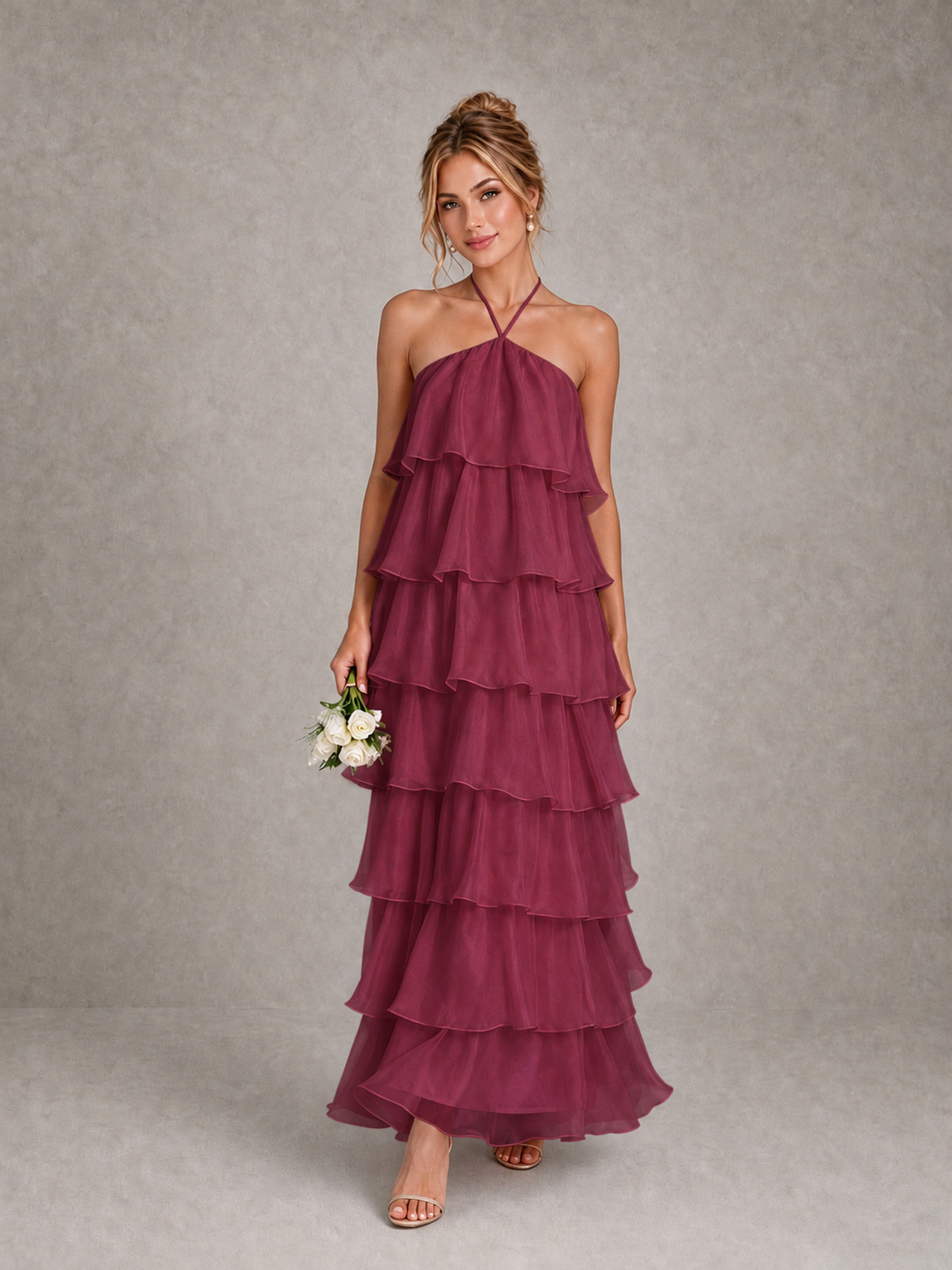 BOLODOO Desert Rose Halter Tiered Ruffle Maxi Bridesmaid Dress - Desert Rose - Desert Rose_1