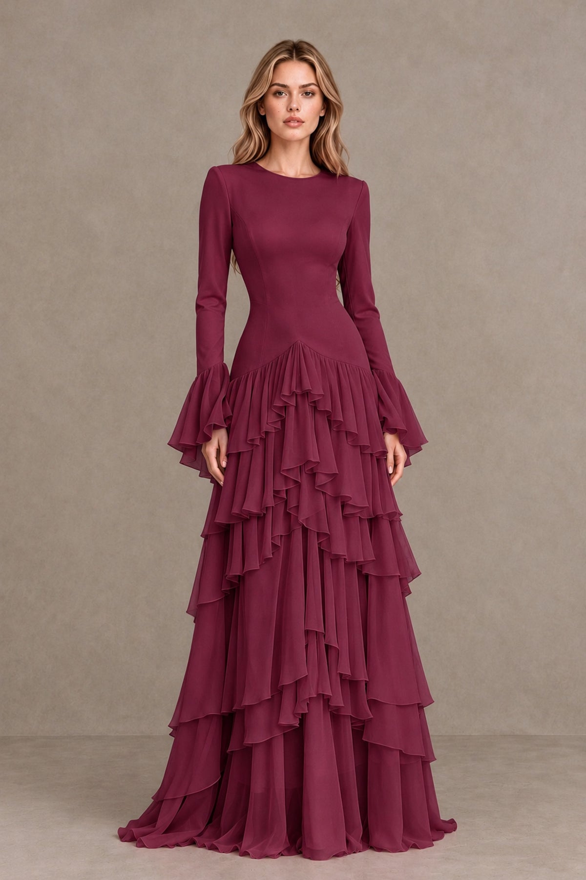 Desert Rose Long Sleeve Tiered Ruffle Evening Gown - Desert Rose - Desert Rose_1
