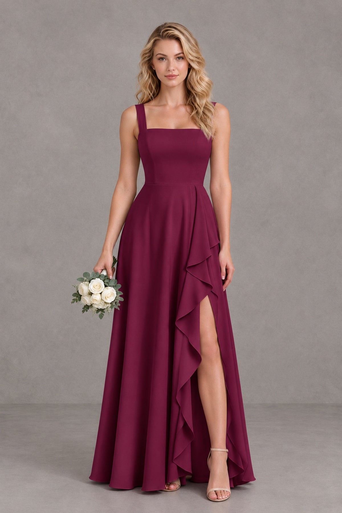 BOLODOO Desert Rose Square Neck Ruffle A-Line Bridesmaid Dress with Slit - Desert Rose - Desert Rose_1