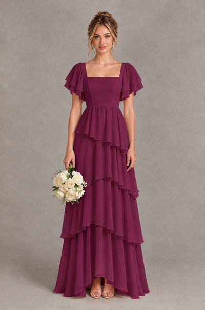 BOLODOO Desert Rose Square Neck Flutter Sleeve Tiered Chiffon Bridesmaid Dress with Lace-Up Back - Desert Rose - Desert Rose_1