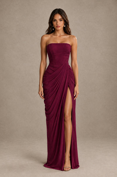 BOLODOO Strapless Draped Maxi Dress - Desert Rose Backless Evening Gown with High Slit - Desert Rose - Desert Rose_1