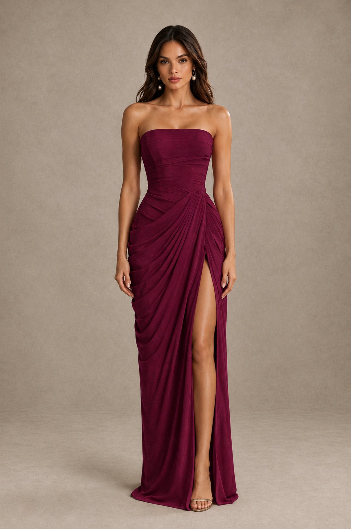 BOLODOO Strapless Draped Maxi Dress - Desert Rose Backless Evening Gown with High Slit - Desert Rose - Desert Rose_1