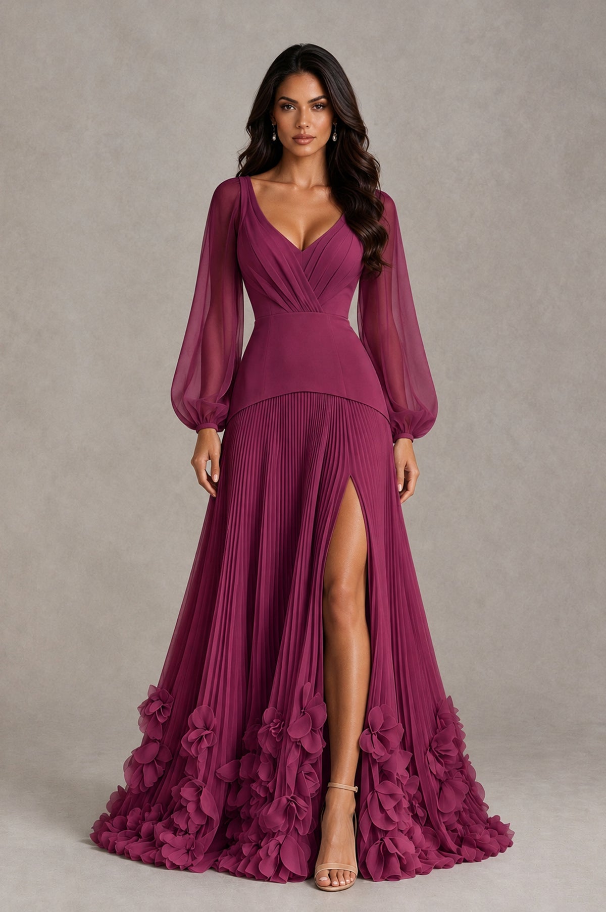 BOLODOO Desert Rose V-Neck Long Sleeve Pleated Floral Hem Evening Dress - Desert Rose - Desert Rose_1