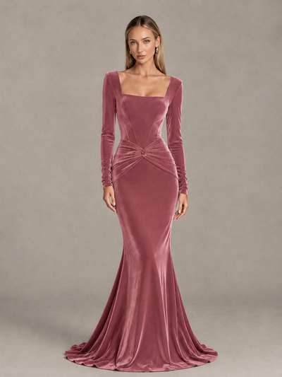 BOLODOO Desert Rose Velvet-Look Square Neck Long Sleeve Mermaid Evening Dress - Desert Rose - Desert Rose_1